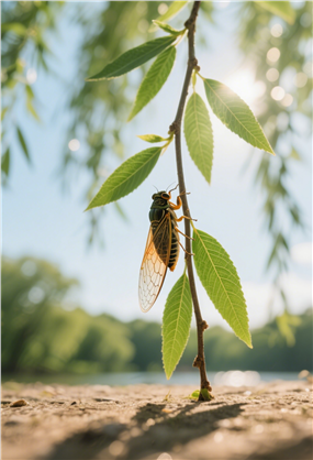 夏日阳光柳枝上栖息的鸣蝉图片